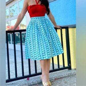 Dapper Day by Tatyana Gloria bow tie midi skirt blue green and white size XS